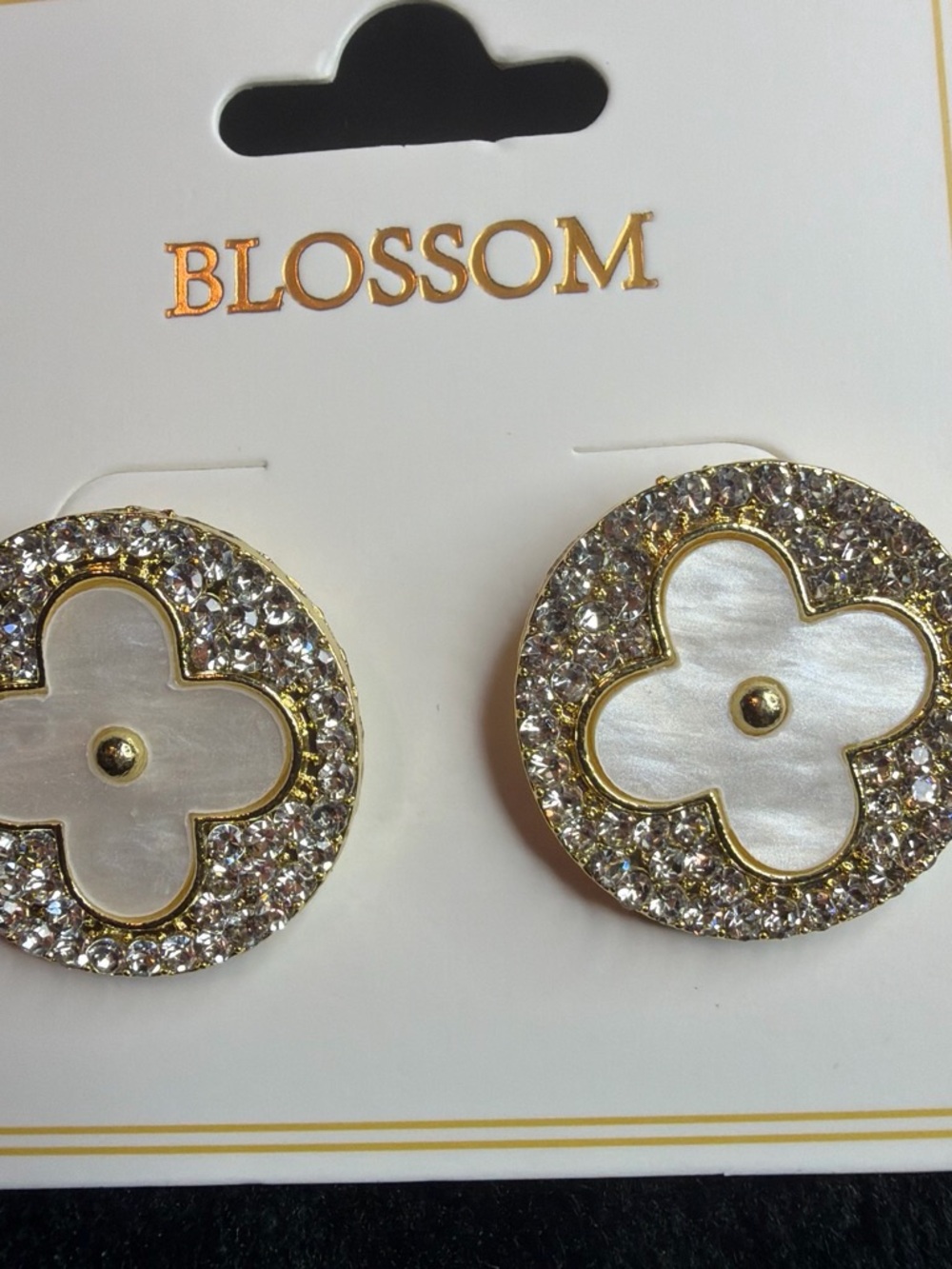 Gold & White Crystal Flower Stud Earrings